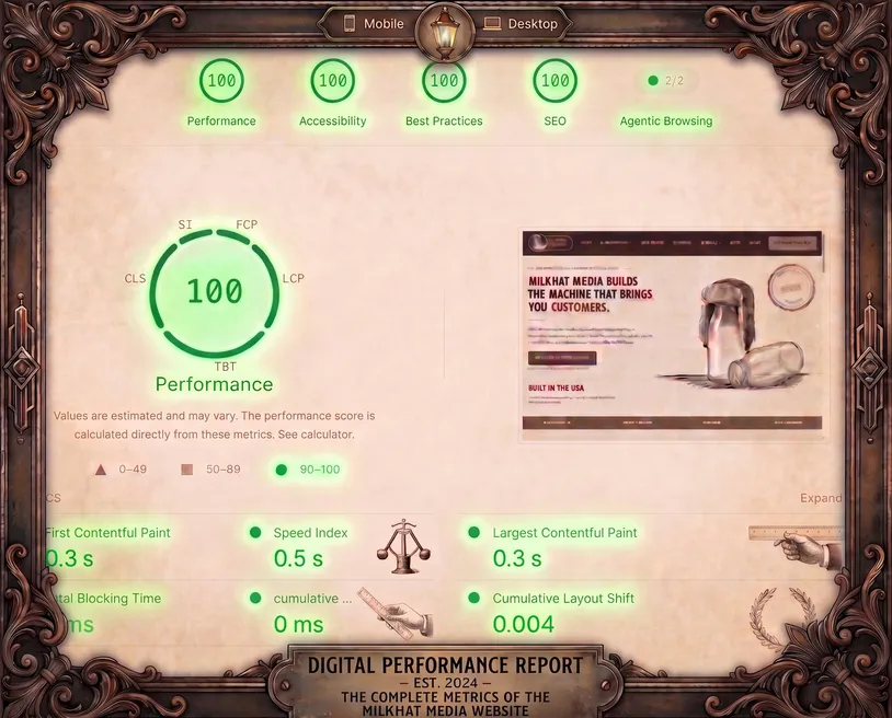 An illustrated Google PageSpeed-style report card in an ornate bronze frame: 100 for Performance, Accessibility, Best Practices, and SEO, with First Contentful Paint 0.3 s, Speed Index 0.5 s, Largest Contentful Paint 0.3 s, and Cumulative Layout Shift 0.004, beside a small preview of the MilkHat Media homepage.