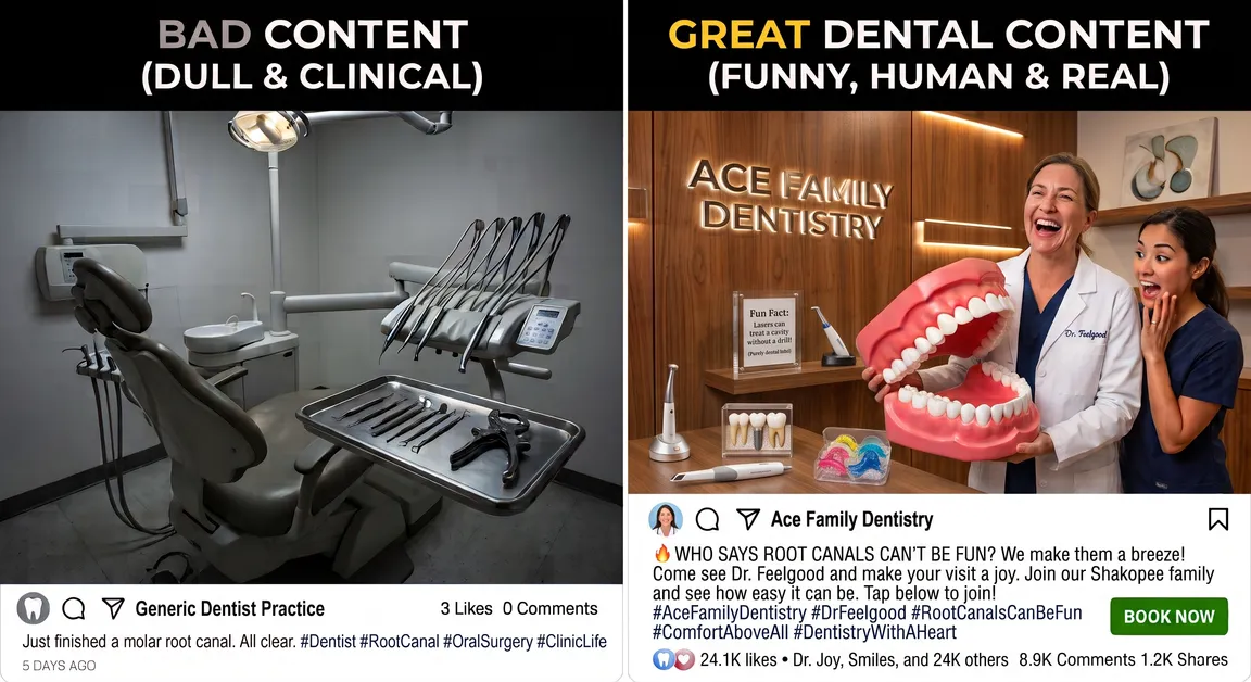 A side-by-side comparison of two dental practice social posts. On the left, labeled bad content, a photo of an empty dental chair and instruments with the caption about finishing a molar root canal, showing 3 likes and no comments. On the right, labeled great dental content, a dentist and assistant laughing while holding an oversized model of teeth, with a caption inviting people to book a visit.