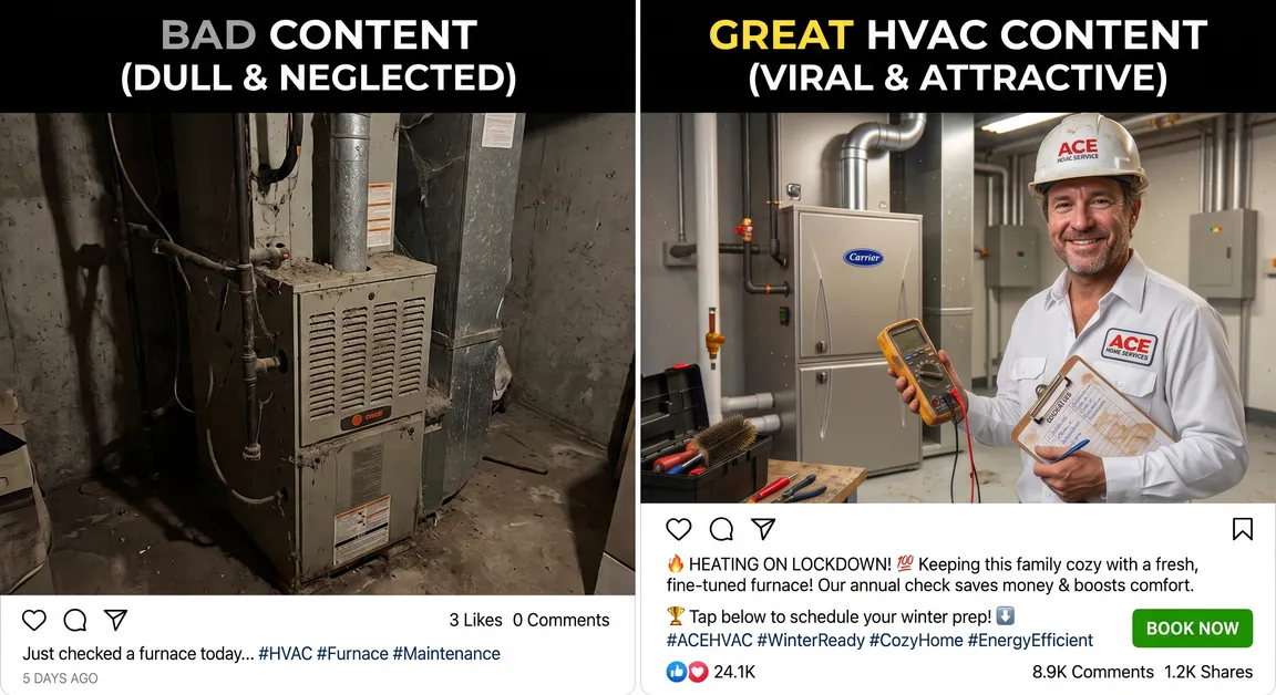 A side-by-side comparison of two HVAC social posts. On the left, labeled bad content, a photo of a dusty furnace in a dark basement with the caption about checking a furnace today, showing 3 likes and no comments. On the right, labeled great HVAC content, a smiling technician in a hard hat holding a meter and clipboard beside a clean furnace, with a caption about winter prep and a link to schedule.