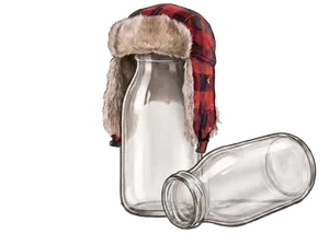 Two glass milk bottles in a sketched illustration style: one standing upright wearing a red and black plaid trapper hat with a fur brim, the other lying on its side beside it