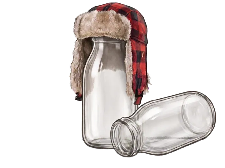 Two glass milk bottles in a sketched illustration style: one standing upright wearing a red and black plaid trapper hat with a fur brim, the other lying on its side beside it