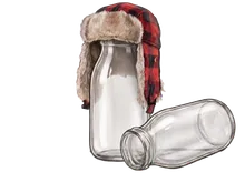 Two sketched glass milk bottles, one standing and wearing a red plaid trapper hat, one lying on its side