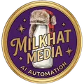 MilkHat Media round badge: a glass milk bottle wearing a red plaid trapper hat on a purple disc ringed in gold, with the words MilkHat Media, AI Automation