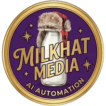 MilkHat Media round badge: a glass milk bottle wearing a red plaid trapper hat on a purple disc ringed in gold, with the words MilkHat Media, AI Automation