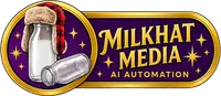 MilkHat Media logo: a glass milk bottle wearing a red plaid trapper hat inside a gold oval badge, beside the words MilkHat Media, AI Automation