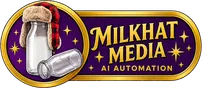 MilkHat Media logo: a glass milk bottle wearing a red plaid trapper hat inside a gold oval badge, beside the words MilkHat Media, AI Automation