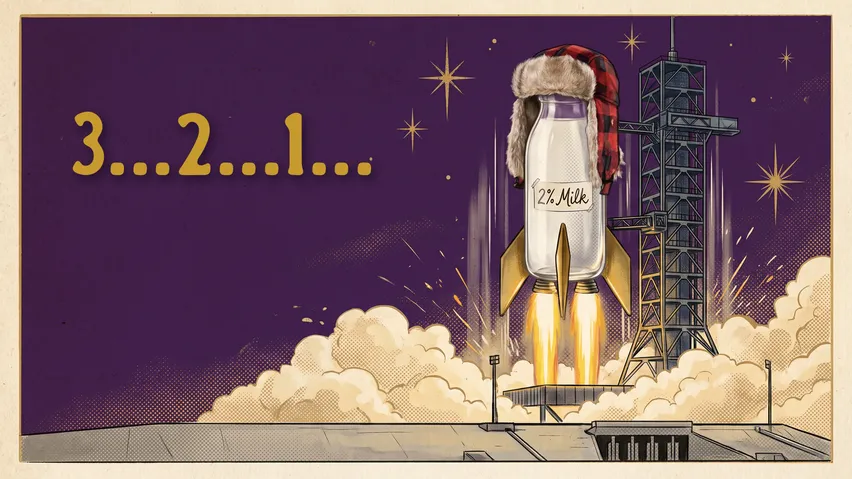 A 2% milk bottle wearing a red plaid trapper hat lifting off from a launch pad like a rocket, clouds billowing below and a gold 3...2...1... countdown beside it