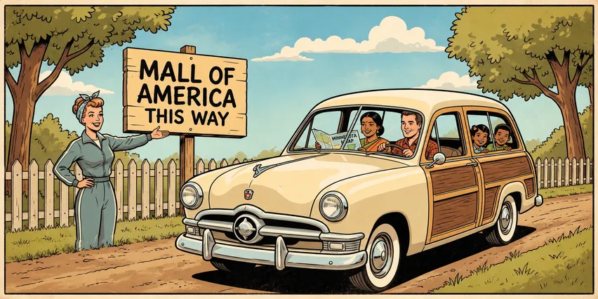 Retro comic illustration: a smiling woman points a family in a 1950s woodie station wagon toward a wooden sign reading Mall of America This Way while the mother reads a Minnesota map