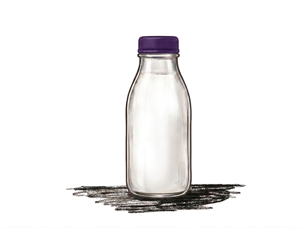 A single glass bottle of milk with a purple cap.