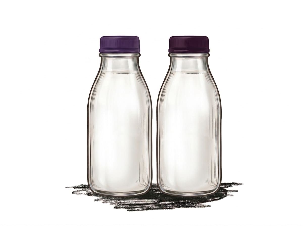 Two glass bottles of milk with purple caps, side by side.