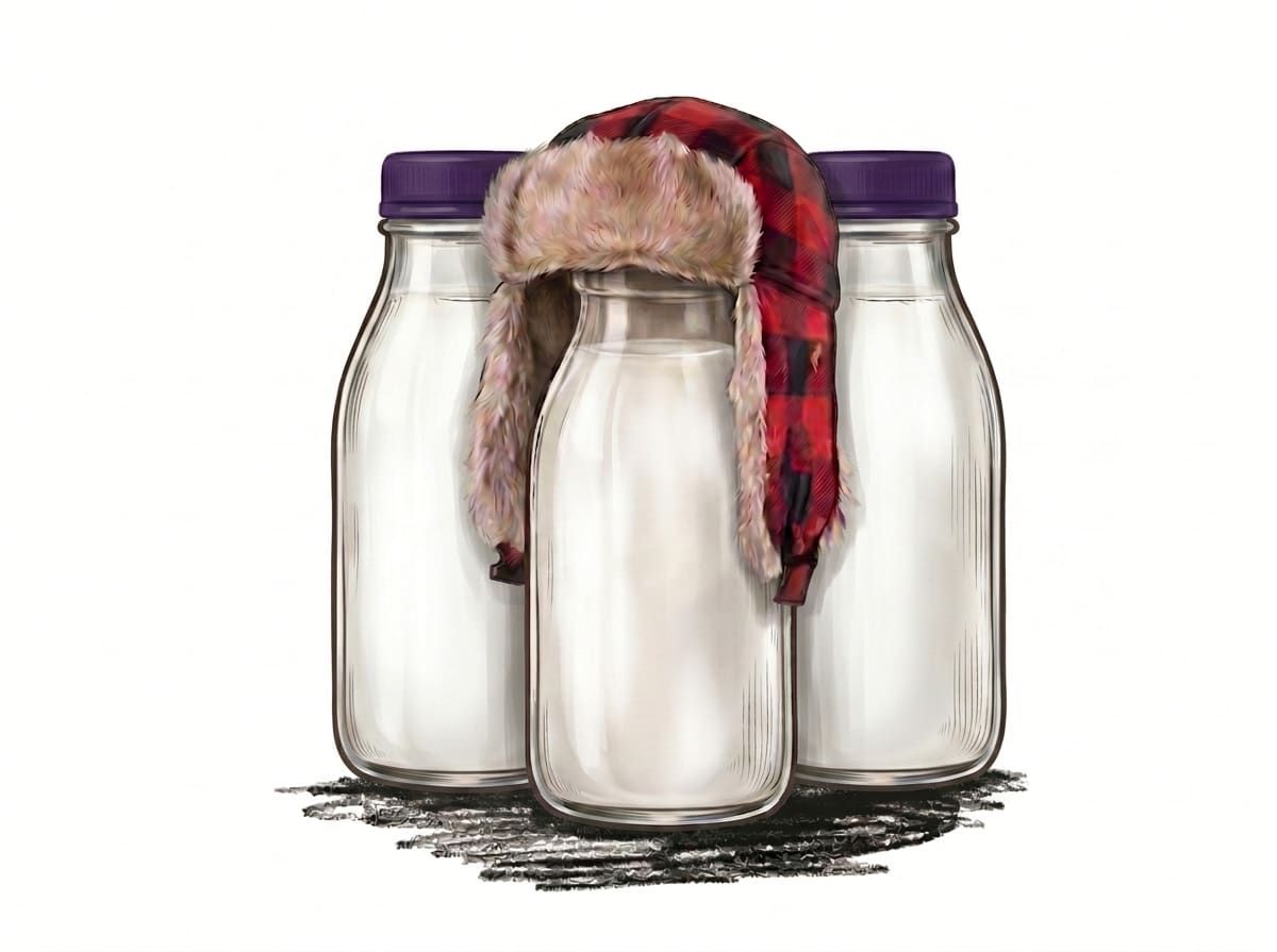 Three glass bottles of milk, the center bottle wearing a red plaid trapper hat.