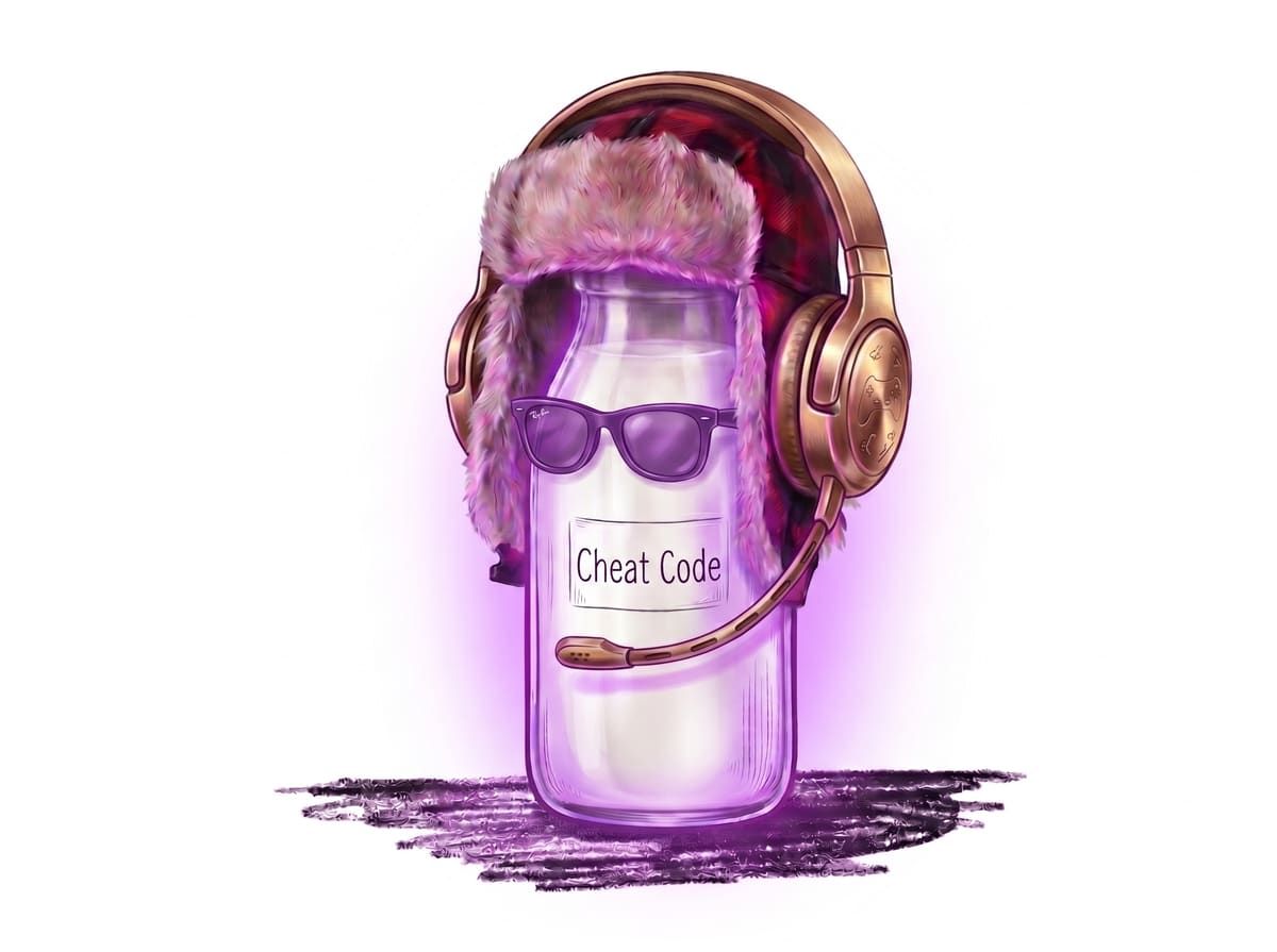 A milk bottle in a trapper hat and sunglasses, wearing a gaming headset, glowing purple