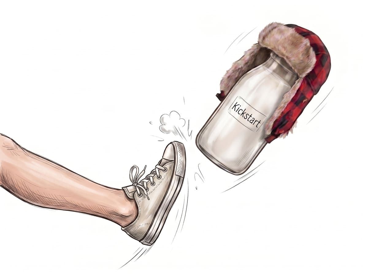 A sneaker kicking a milk bottle into motion