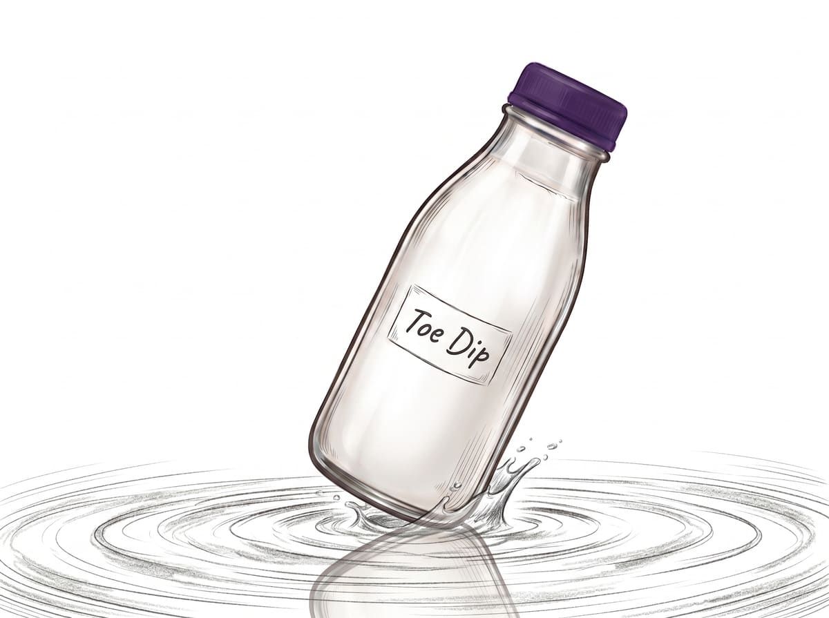 A milk bottle dipping into water, sending out ripples