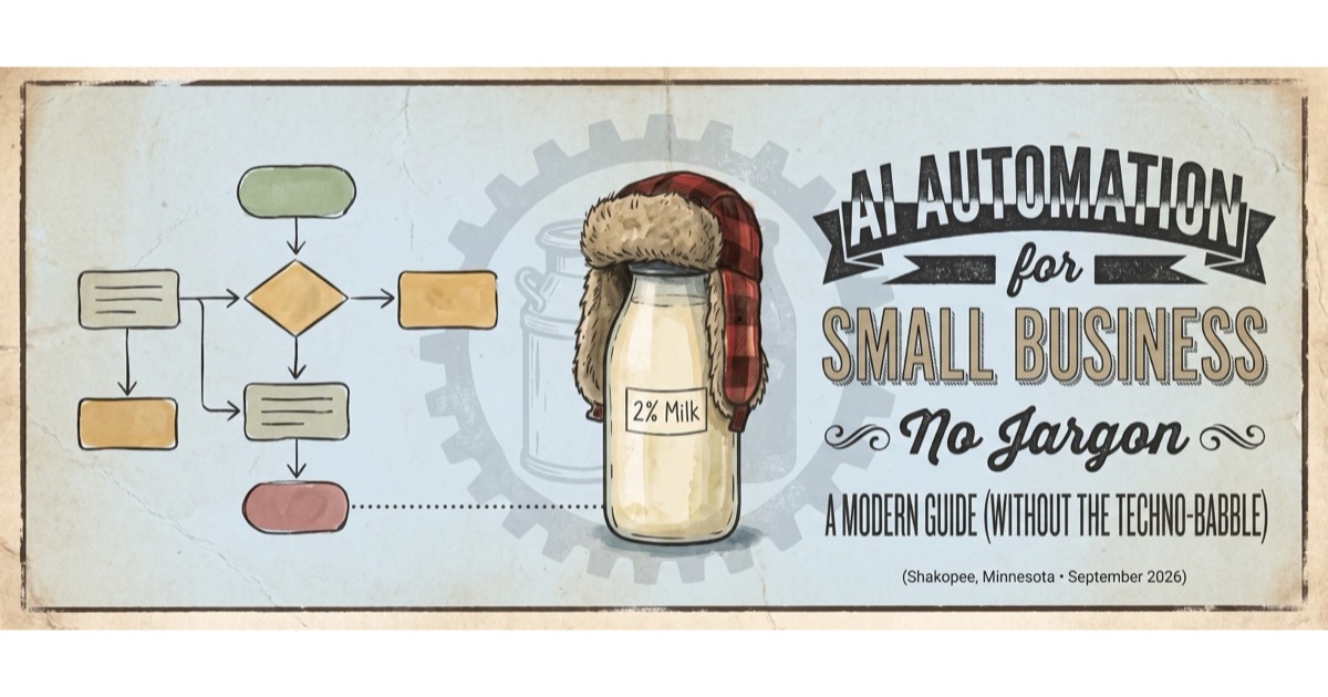 Vintage-style banner: a flowchart beside a bottle of 2% milk in a red plaid trapper hat, lettered AI Automation for Small Business, No Jargon