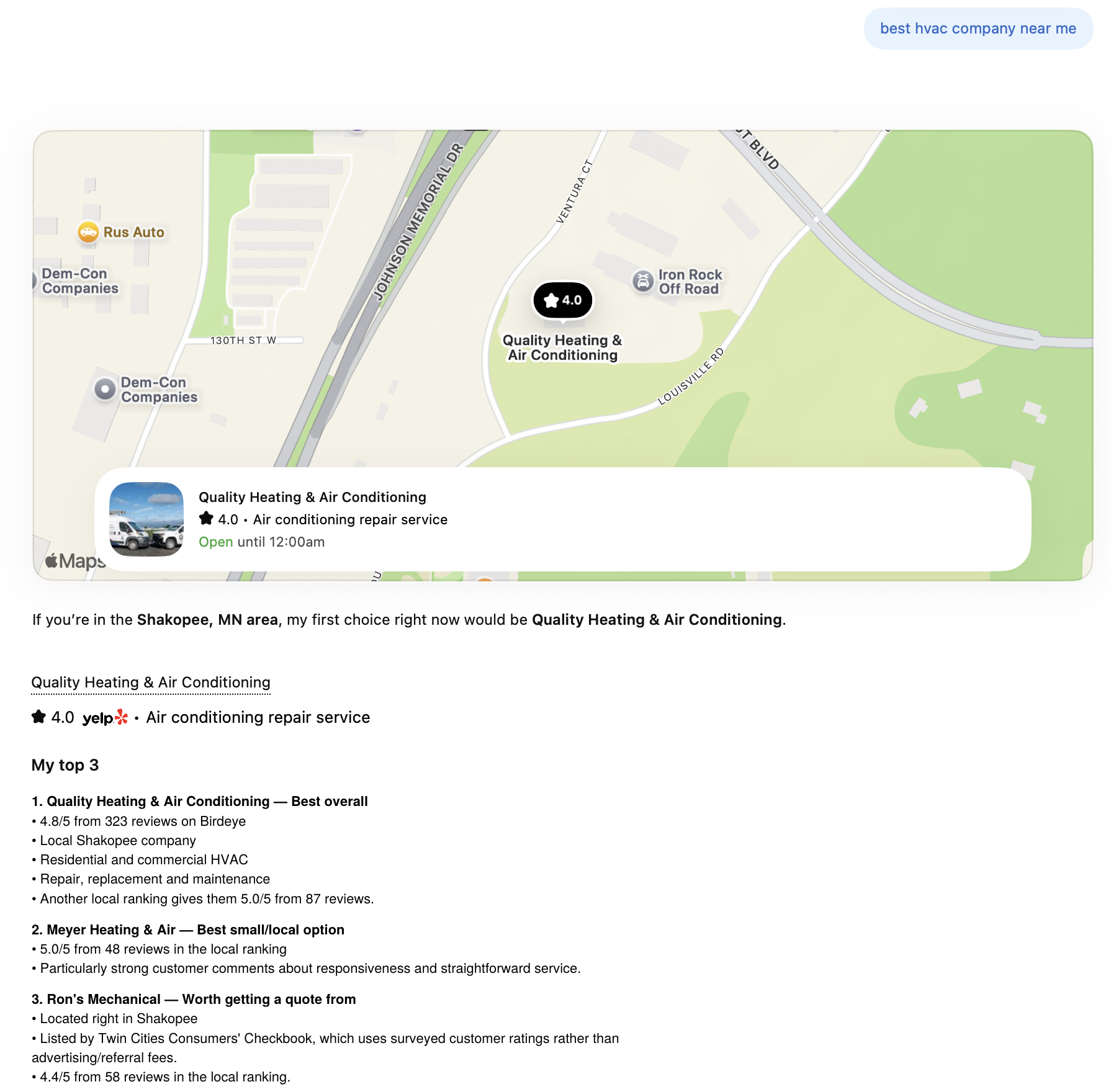 A ChatGPT answer to "best hvac company near me" showing a map result for Quality Heating & Air Conditioning in Shakopee, Minnesota, a Yelp rating, and a ranked top three list with review counts from Birdeye and other sources.