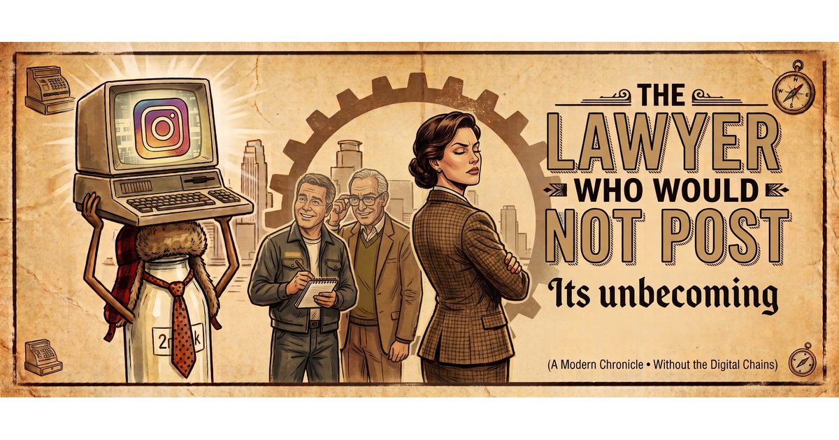A stern lawyer in a tweed suit turns away from a milk bottle in a trapper hat hoisting a retro computer showing the Instagram logo: the lawyer who would not post