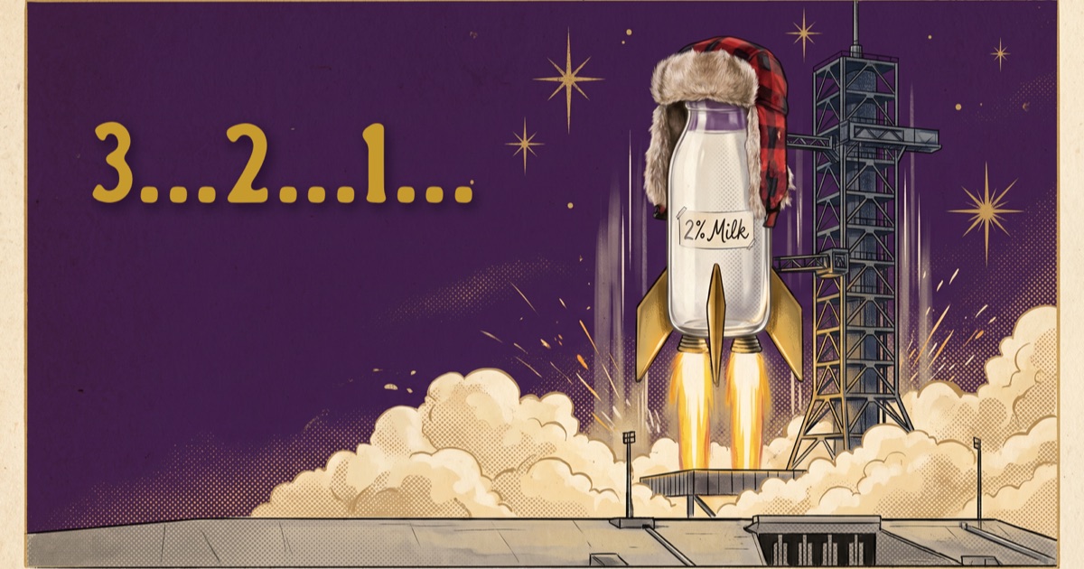 A milk bottle wearing a red plaid trapper hat lifting off from a launch pad like a rocket, with a gold 3...2...1... countdown