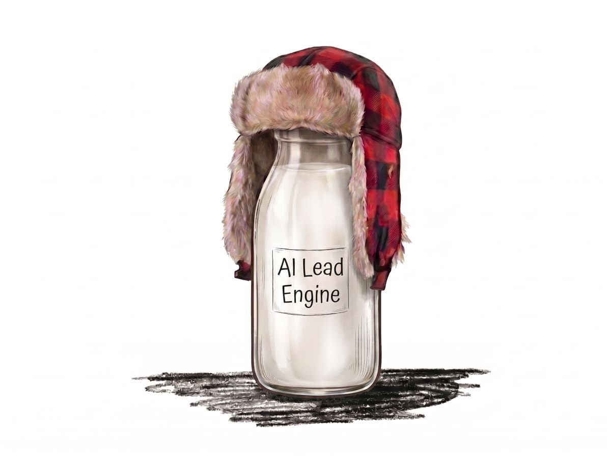 A glass bottle of milk wearing a red plaid trapper hat, labeled AI Lead Engine.