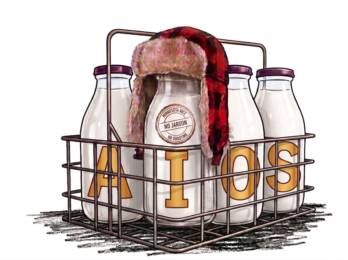 A wire milk crate holding four glass bottles spelling AIOS, the front bottle wearing a red plaid trapper hat and stamped with the MilkHat Media seal.