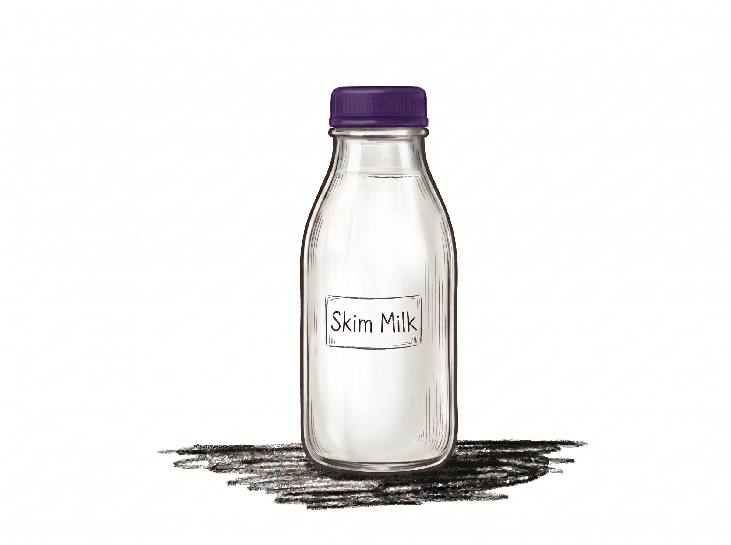 A glass bottle of skim milk with a purple cap.