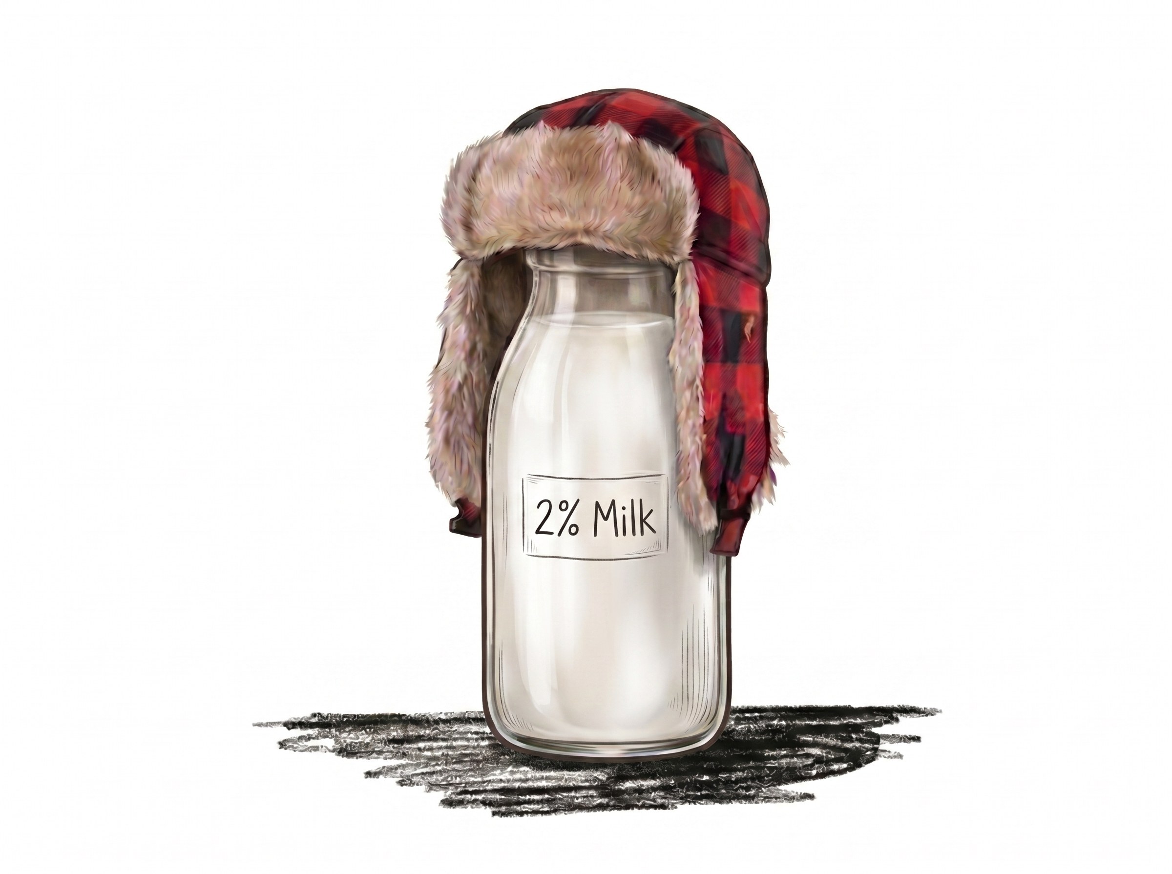 A glass bottle of 2% milk wearing a red plaid trapper hat.