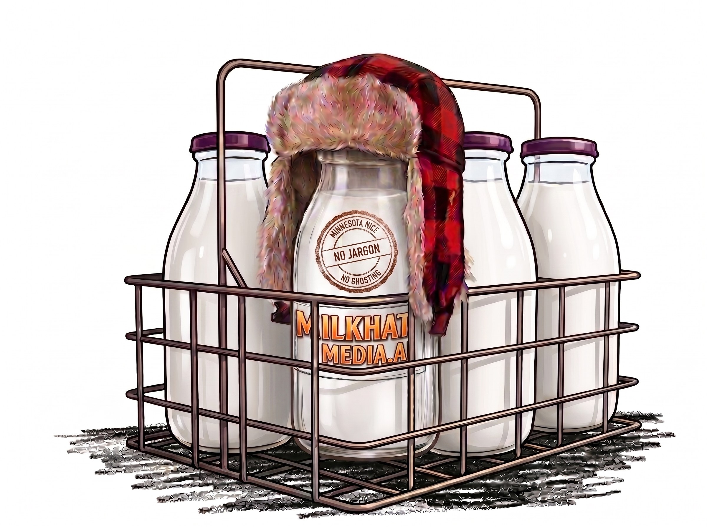 A wire milk crate holding four glass bottles, the front bottle wearing a red plaid trapper hat and stamped with the MilkHat Media seal.