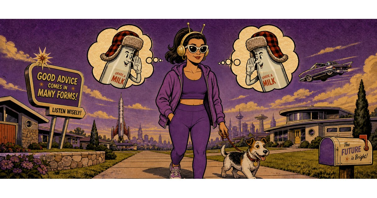 Retro comic illustration: a woman in purple athleisure and gold headphones walks a terrier down a futuristic suburban sidewalk while two milk bottles in red plaid trapper hats whisper to her from thought bubbles. A roadside sign reads Good Advice Comes in Many Forms, Listen Wisely, and a mailbox reads The Future is Bright.